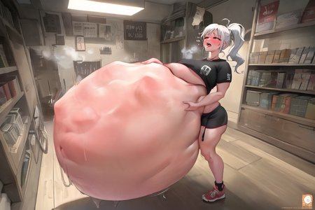 big belly, huge belly, vore, ponytail, shouting, heavy breathing, aroused, blush, open mouth, tongue out, narrowed eyes, wide hips, steaming body, walking, <lora:VoreBelliesLoraB:1>, beautiful, masterpiece, best quality, extremely detailed face, perfect lighting, 1girl, solo,