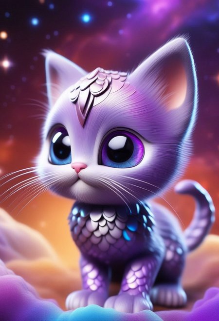 A kitten with big cute purple eyes,  scaleboundsdxl, , best quality, masterpiece, intricate, adorable, cosmic background, nebulae, stars, detailed background,