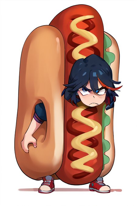 score_9, score_8_up, score_7_up, source_anime, hot dog costume, Matoi_Ryuuko, multicolored hair, short hair, black hair, annoyed, looking at viewer, white background, full body, long body, <lora:Ryuuko_Pony:1> <lora:hotdog_costume-pony_1:1>