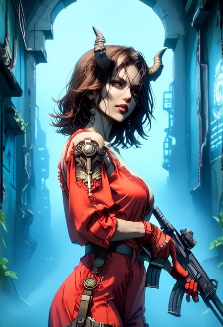 score_9, score_8_up, score_7_up, score_6_up, , demon, horns, futuristic, scifi, plugin, red latex, metal shoulder pads with a yellow stripe on the sides, (metal shin and foot protection), (black joggers: 1.2), large breasts, wide hips, thick thighs, solo, medium hair, (yellow:blue:0. 4) hair color, hair over one eye, gloves, beatiful face, perfecteyes, body 3/4,  (Standing half-turn view :1.2), half-side view, 
BREAK, ho1ding-weap0n, 1girl, holding Shotgun in hands, shotgun at waist level, weapon shoots, flash, shoots sparks, weapon shoots, 
BREAK,  Metal hangar, ruins, hangar in ruins, BREAK, g0thicPXL, grin, technology, glowing, neon, holographic display, synozic style, gray skin, (masterpiece:1.2), best quality, high  detail, professional lighting, colorfulness, Foreshortening 3/4,  <lora:DetailMaximizer:1>