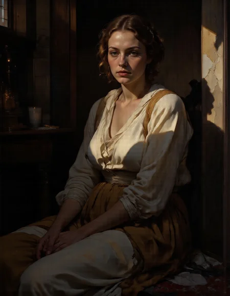 <lora:bear:1>, Rembrandt style full body shot of, <lora:SuperModel-V8:0.5>, This is a highly emotive, realistic oil painting that captures the raw vulnerability of a woman sitting in near-total darkness, her presence both intimate and profound. The scene invites viewers into her private moment of weariness, creating an unspoken connection through her steady gaze., Subject Description, Figure : The woman has a full-bodied frame, with soft curves that reflect strength and warmth. Her posture conveys exhaustionâslightly slouched but still upright, as if sheâs trying to maintain dignity despite her fatigue. Her small breasts are natural and unaltered, adding to the authenticity of her form., Skin Tone & Complexion : Her skin glows faintly under the dim light, revealing subtle imperfections such as faint freckles or lines around her eyes, which enhance her humanity. A pale sheen of sweat glistens on her forehead, hinting at physical exertion or emotional strain., Hair : Her hair falls loosely over her shoulders, framing her face in a way that draws attention to her expression. It may be slightly disheveled, reflecting her state of mind., Expression, Her face carries a look of quiet contemplation mixed with exhaustion. Her eyes, though weary, lock onto the viewer with unwavering intensity, creating a sense of intimacy and shared understanding. Thereâs no smile, nor frownâjust a neutral yet deeply meaningful stare that feels almost confrontational in its honesty., Pose, She sits directly facing the viewer, knees bent and feet flat on the ground. Her arms rest lightly on her thighs, fingers relaxed but not entirely limp. This straightforward pose emphasizes her openness and vulnerability, inviting the audience to meet her gaze without distraction., Lighting & Background, The setting is shrouded in deep shadows, with only a minimal source of light illuminating her figure from the front. This could be a single candle or the faint glow of moonlight filtering through a nearby window. The background is almost entirely obscured by darkness, allowing the woman to dominate the composition. However, hints of textureâa rough stone wall or worn wooden floorâcan peek through the shadows, grounding the scene in reality., Atmosphere, The mood is introspective and somber, underscored by the stark contrast between her illuminated form and the surrounding gloom. The absence of color (apart from the warm tones of her skin) enhances the sense of isolation and focus, drawing all attention to her presence and expression., Details, Texture : Pay close attention to the textures of her skin, hair, and the surfaces around her. Every wrinkle, strand of hair, and grain of wood should feel tangible, pulling the viewer deeper into the scene., Color Palette : Use muted earthy tonesâsoft browns, grays, and creamsâfor her skin and surroundings. Any highlights should remain subtle, preserving the subdued atmosphere., Emotional Weight : Convey her weariness not just through her posture but also through her facial musclesâthe slight sagging of her eyelids, the gentle tension in her jaw, and the way her lips part ever so slightly as if sheâs about to speak but holds back., Overall Style, The painting adheres to the principles of classical realism, focusing on precise anatomy and lifelike detail while infusing the piece with modern psychological depth. Its simplicity belies its complexity, offering layers of meaning for those who take the time to engage with it fully., . Whole outfit, clear, sharp, balanced . Baroque, chiaroscuro, realistic, emotional, "flat lighting, <lora:Guin-FluxX:0.5>, Guin