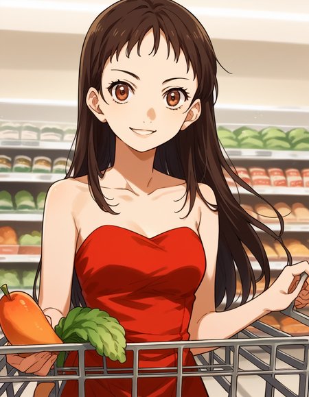 score_9, score_8_up, score_7_up, source_anime, <lora:emi-igawa-s1-ponyxl-lora-nochekaiser:1>,, emi igawa, long hair, brown eyes,, dress, red dress, collarbone, bare shoulders,, grocery store, shopping cart, picking fruits, everyday life, , smile, looking at viewer, arm holding an object, solo,, cowboy shot, dutch angle