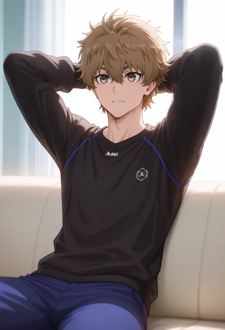 masterpiece, best quality, intricate details, (3d:0.4), , 1boy, solo, male focus, <lora:asahi_naruhaya_ilxl:0.92>, asahi_naruhaya, brown hair, brown eyes, short hair, hair between eyes, bangs, , arms behind head, relaxed pose, content expression, lounging posture, sunlight glow,