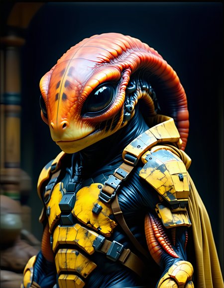stunning photography,  large male alien with reddish leathery skin, alien has small dark eyes,  skull has a hard carapace on top like a helmet, hulking physique, face like a turtle, mixture of turtle and lizard features, tribal paint on skull, wearing bulky futuristic combat armor, science fiction