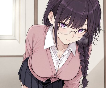 masterpiece, best quality, amazing quality, , 1girl, solo, shirt, glasses, skirt, looking at viewer, cardigan, long hair,   braided_ponytail, purple eyes, eyelashes,  <lora:pt style ILL-v2:1.6> ptstyle