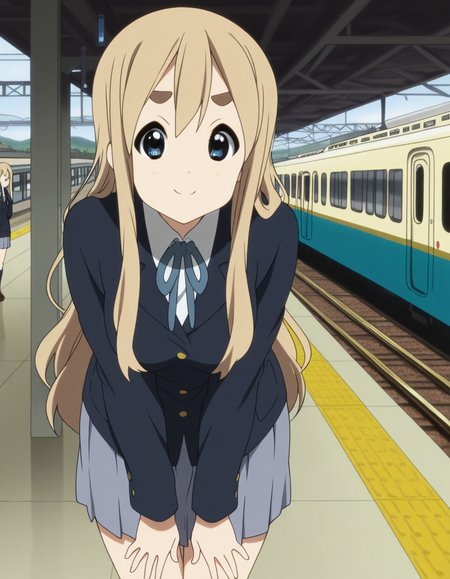 masterpiece, best quality, amazing quality,, <lora:tsumugi-kotobuki-s2-illustriousxl-lora-nochekaiser:1>, tsumugi kotobuki, kotobuki tsumugi, long hair, blue eyes, blonde hair, thick eyebrows, mature female, medium breasts, anime screencap, sakuragaoka high school uniform, school uniform, uniform, blazer, shirt, white shirt, collared shirt, skirt, pleated skirt,, bent over, smug,, train station, trains, platform, passengers, travel, cowboy shot, solo, looking at viewer