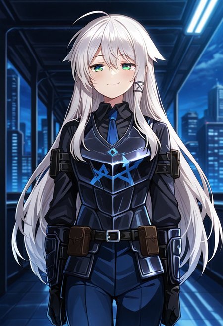 2d, anime_screencap, source_anime, 1girl, solo, anceriseshirokami, white hair, long hair, ahoge, hair flaps, sidelocks, hair ornament, green eyes, WCorpuniform,armor,necktie, indoors, futuristic, smile, smug, outdoors, futuristic city, walking,
