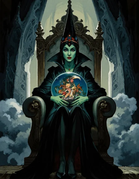 <lora:LV_NEW:1>, Wicked Witch of the West (Gingema) sitting on a throne made of storm clouds, her green skin contrasting with her black cloak. She holds a crystal ball showing Dorothy's journey. Style: Vladimirsky's dramatic lighting and gothic elementsâspiky architecture, shadowy textures, and a stormy background. Her expression should be sly but not overtly menacing, per his nuanced villain portrayal, lighting