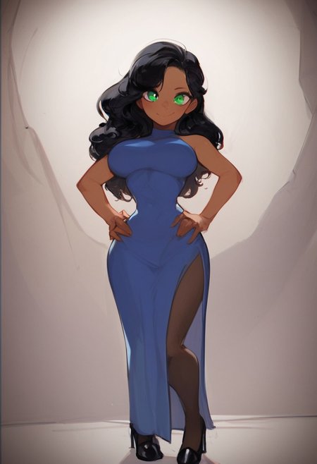 h0Sh11, score_9, score_8_up, score_7_up, masterpiece, best quality, absurdres, vibrant, highly detailed, 1girl, solo, gorgeous Russian MILF, long silky black hair, green eyes, lightly tanned skin, skin tight evening dress, slitted dress, pantyhose, black heels, (smile:0.8), hands on hips, comfy bedroom, cowboy shot