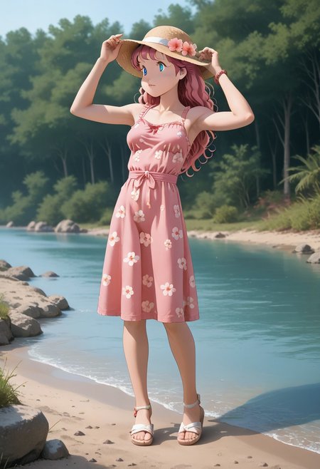 score_9_up, score_8_up, score_7_up, score_6_up, masterpiece, best quality, high quality, newest, highres, cote_style, 1girl, pink hair, long hair, blue eyes, medium breasts, summer dress, sandals, hat, outdoor, river, playing with a puppy