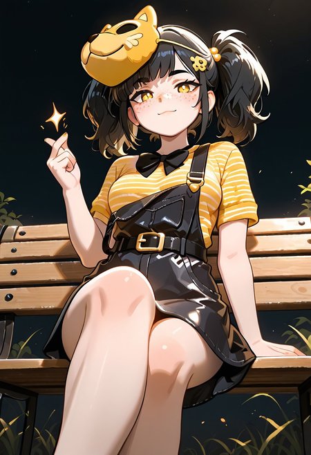 masterpiece, best quality, amazing quality, very aesthetic, absurdres, newest, detailed background, foreground blur, (( cartoon,  )),
cassidythat, 1girl, solo, black hair, striped yellow shirt, twintails, hair ornament, black bowtie freckles, short sleeves, belt buckle,, black skirt overalls, medium breasts, 
broken strap, loose strap, , mask on head, sitting on bench, from below, fire works, black sky, snapping fingers, crossed legs, looking at viewer,