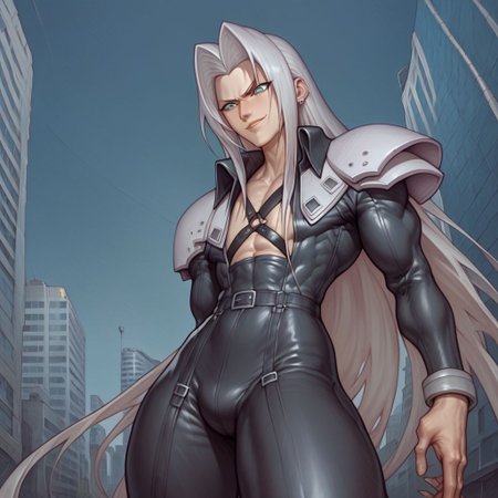 score_9, score_8_up, score_7_up, flightless detailed closeup action shot, from front, Sephiroth leaping through the air swinging very long sword in a wide overhead arc, smug expression, dynamic pose, exaggerated perspective emphasizing action, in an industrial city at night, dim street lighting, solo, beautiful, androgynous, flat chest, leather straps, broad shouldered, long draping leather overcoat, high contrast, industrial cityscape background,