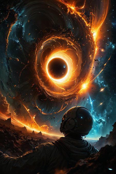 Depict a brutal cosmic event unfolding in the vastness of space. A sun is gradually being absorbed by a black hole, its fiery surface stretched and twisted as it's pulled into the abyss. Observing from a distant planet a cute alien is filled with helplessness floating in space, witnessing the cataclysmic spectacle. The distortion of time and space creates a surreal atmosphere, with light bending and stars warping around the event horizon. The entire scene feels unreal, almost artificial, raising the question: could this truly be happening? The viewer's perception is challenged as reality itself seems to break down in the presence of such a monumental event.
hyperdetailed photography, masterpiece, best quality, high quality, highres, ultra-detailed, best quality, 8K, high resolution, extreme detail,
<lora:add-detail-xl:2>  <lora:MJ52:0.5>  <lora:DetailMaximizer:0.5>