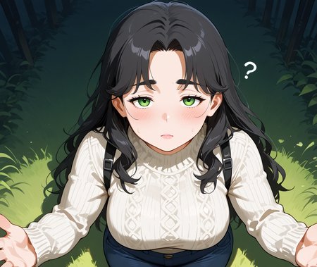 PonyScores7, source_anime, ah1, IllustriousQual, <lora:natsumi_style:0.5>, <lora:by_usakun-pony:0.4> by usakun, <lora:Akina_Bbw_Style_-_PonyXL:0.2> AkinBw
BREAK 1girl, mature female, (round face:1.2), (thick eyebrows:1.3), (curvy), round-chin, caucasian, (plump face), <lora:Round_face:0.2>, <lora:ETO_OCPonyXL:0.5> eto_oc, skindentation, (plump), thick thighs, wide hips, busty, voluptuous, lips, <lora:venus body PonyXL:0.4>, <lora:shinyskin2:0.2> glistening skin
BREAK  (curly hair), long hair, (black hair:1.4), (parted hair:1.7), messy hair, kinky curls, <lora:hairdetailpxl:0.2> hairdetailpxl
BREAK (brown and green eyes), (brown_flecked_irises), (green_flecked_irises), (colorful eyes), (multicolored eyes), (downturned eyes:1.4), <lora:expressive eyes:0.5> expressive eyes, <lora:eyedetailpxl:0.2> eyedetailpxl, <lora:Eyes_High_Definition:0.3> EyesHD
BREAK Indifferent,  <lora:Expressive_H:0.2> Expressiveh, <lora:Emotional_Anime_Expressions_PonyXL_Concept:0.2> emotional, <lora:Best_Facial_Expression_LoRA_PONY:0.2>, <lora:expresionesv3Rank128:0.2> expresiones, <lora:Detailed expressive EXEV style -XL Pony V1.0:0.2> FaceDetail 
BREAK ((her hand radiates a pulsing violet energy waves of power rippling from her outstretched fingers))
BREAK Butterscotch cream bright coral crop sweater with high-waisted jeans and combat boots
BREAK (((Cybernetic Mirage, An ability to create deceptive digital images or sounds that mislead enemies, making them question what is real and what is illusion)))
BREAK <lora:xl_more_art-full_v1:0.2>, <lora:aesthetic_anime_v1s:0.2>, <lora:EpicF4nta5yXL:0.2>, <lora:detailxl:0.2> detailxl, <lora:Fant5yP0ny:0.2>, best quality, amazing quality, best aesthetic, absurdres, illustration, Volumetric_Lighting, ultra-detailed, very aesthetic, intricate details, 8k, masterpiece, best_quality
BREAK (zoom_out:1.8), (Ground level (from behind) view Extreme Distance shot)
BREAK Stable_Yogis_PDXL_Positives, AS-Adult, <lora:Complicated fantasy portrait - XL Pony V2.0:0.3>, bad-hands-5, <lora:HDA_Detailer:0.5>, HDA_FatGirlXL,