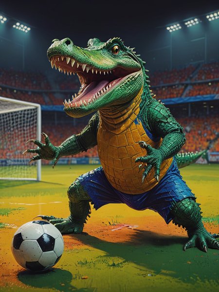 impactful color paint of The happy crocodile is playing the soccer  illustration,   <lora:Bold_Pop:0.6> ...........  highly detailed, vibrant colors , 8k, sharp, professional, clear, high contrast, high saturated, , vivid deep blacks, crystal clear