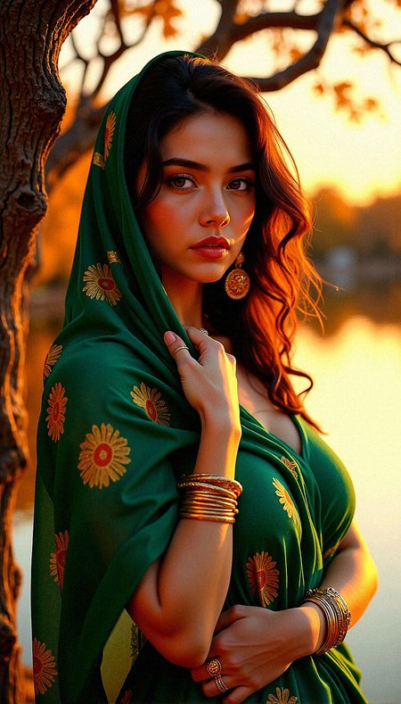a photorealistic scene where a slightly voluptuous and tanned woman draped in a vibrant green scarf with golden pattern stands at the edge of a serene lake, framed by the twisted branches of a tree. Her intense gaze is accentuated by dark, flowing hair and a collection of gold jewelry, including large, ornate earrings and several bangles. The setting sun casts a warm, golden light over the scene, illuminating the autumn leaves that carpet the ground and reflecting off the calm water. The orange hues of the sunset blend with the green of her scarf, creating a sense of harmony with nature. She appears both regal and mysterious, as if she is the guardian of this tranquil lakeside, her presence adding depth and intrigue to the serene landscape. The combination of her bold, confident expression and the peaceful, natural surroundings makes for a captivating scene that feels both otherworldly and deeply connected to the earth.

Visual Aesthetics to Enhance Photorealism:
Fine detailing on the twisted tree bark.
Depth-enhancing shadows on jewelry.
Soft, natural gradients in the sunset sky.
Detailed facial texture for lifelike skin.


face close-up of the woman, holding her scarf with one hand, while her other arm wraps around her waist, her expression serene.
