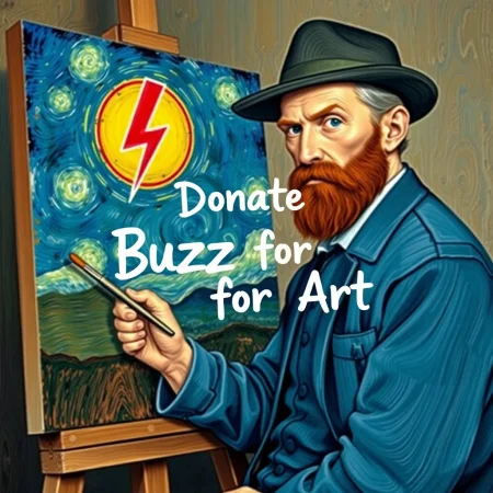 Vincent van Gogh creating a painting on canvas with brush, in 19th century, his painting has a High Voltage  sign (⚡) and also text stating "Donate Buzz for Art" painted inside it. The text is painted in artistic font inside the painting