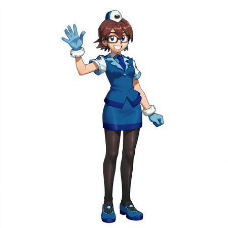 1girl,solo,gloves,brown hair,hat,uniform,skirt,earrings,short hair,blue eyes,glasses,blue necktie,pantyhose,smiling,standing,waving,one hand down,shoes,full body