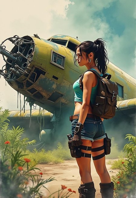 magnificent, abstract watercolour image in the style of a movie poster, crisp lines, high photorealism, vibrant, glossy, lara croft (tomb raider), beautiful woman, long dark hair, loose ponytail, sweaty, earrings, necklaces, dirty aqua blue crop top, short denim shorts, boots, backpack, holsters on thigh straps, pierced navel, no tattoos, standing examining a crashed world war 2 american bomber, heavily damaged, rusted and decayed, overgrown by jungle