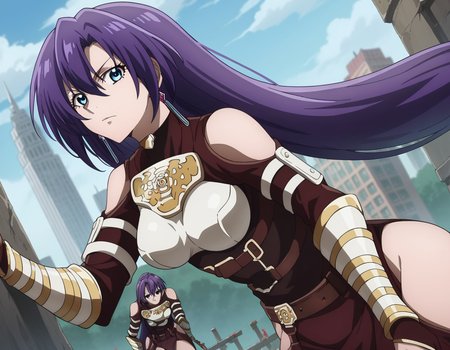 score_9, score_8_up, score_7_up, source_anime,
arthurpencilgon, <lora:arthur-pencilgon-ponyxl-lora-nochekaiser:1>,
arthur pencilgon, long hair, blue eyes, hair between eyes, very long hair, purple hair,
gloves, belt, armor, clothing cutout, breastplate, bare shoulders, earrings,
outdoors, cityscape, bent over,
looking at viewer, dutch angle, cowboy shot,