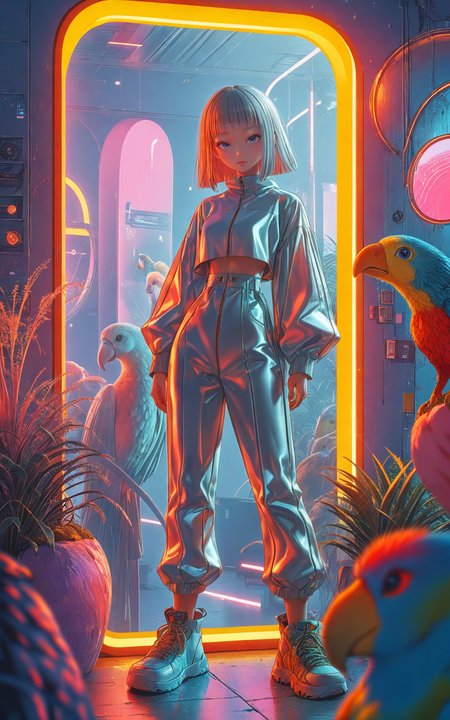 1girl (solo),Niji_style,looking_at_viewer,fashion,blunt_bangs_bunches,high-waist_skirt,sneaker,The clothes are made of high-tech lightweight fabrics,(bule,silver and orangered theme:0.1),Futuristic Retro Vibes,in the style of<lora:unreal_engine_futuristic_mirror_style:0.5>,(parrot,futuristic,mirror),Cinematic Lighting,(lens_flare:0.1),(metallic luster:0.1),Perfect body,perfect face,perfect hands,full shot body photo of the most beautiful artwork in the world<lora:ç»ªå¿ çµå½±å§ç§:0.8><lora:add-detail-xl:1><lora:DD-pnte-neg-v1:-1.5><lora:MJ52:0.5>,ziprealism,