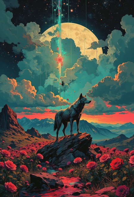 Vector art, <lora:Hyper-FLUX.1-dev-8steps-lora:0.125>, <lora:detailed city by Kanto:0.5>, detailed field,A field full of black roses during a novaburst with the sky lit up in red and teals, Stars and a nebula shining through,<lora:NeoPigma:0.35>, NeoPigma,<lora:ck-shadow-circuit:0.35>,in the style of cksc, <lora:FLUX-daubrez-DB4RZ-v2:0.3>,DB4RZ, <lora:Luminous_Shadowscape:0.3>,((large silver wolf with stunning blue eyes)),<lora:CPA:0.5> an air of melancholic reverie, ensconced amidst a phantasmagoric bloom of chromatic hues.((A bleeding moon)) Rendered in a style redolent of Impressionism, the painting utilizes a vibrant, high-key palette dominated by ethereal blacks and punctuated by strokes of chrome and gold. Position the subject on a rock, suspended amidst a riotous profusion of sharp rocks,  The camera angle should be slightly low, lending an air of gentle ascension to the composition.  The background should dissolve into an abstract symphony of cold blues suggestive of a radiant, moon-drenched night. The overall ambiance should evoke a sense of ephemeral beauty, tinged with a whisper of wistfulness.  Symbolist chiaroscuro, tenebrist, volumetric lighting, subtle halation, high-contrast, film grain, lime green color grading, high dynamic range, S-curve gamma