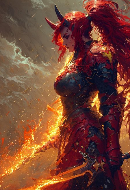 score_9, score_8_up, score_7_up, score_6_up, score_5_up, score_4_up,(green Soul Knight, HD, masterpiece, best quality, hyper detailed, ultra detailed, super realistic, green flames cooming from the body:1.2)  Oni, Reika, Zeriastra, Skybreaker,1girl, solo, adult, tall female, golden eyes, red makeup, red hair, streaked hair, long hair ponytail, ponytail, short hairs, red and black horns, spiky horns, breasts, large round breasts, muscular, (thick thighs:0.6), (serene:0.9),
