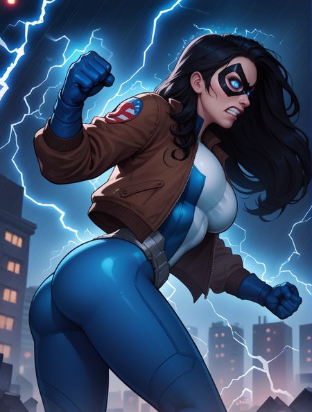 score_9, score_8_up, score_7_up,score_6_up, score_5_up, score_4_up , 1girl, solo, 
large breasts,
dreamerdg,
long hair, black hair,
blue bodysuit, blue gloves, superhero, domino mask, 
glowing eyes, blue eyes, lightning glare, 
clenched teeth, 
fighting stance, leaning forward, clenched hands, 
from behind, ass, profile, 
from below, 
electricity, aura,
city, night, rain, storm, debris, city lights, 
bomber jacket, brown jacket,
<lora:Dreamer DG PonyXL V1-000002:1>