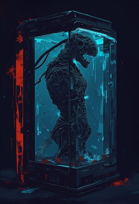 Horror, cyberpunk, existential dread, body horror, cylindrical metal tank with a glass window, containing a human curled into a fetal position floating in slime plugged in with networks of mechanical cables and fungal tendrils connected to head, chest, arms, legs, surrounded by networks of mold and fungus interlinking everything, illuminated from below by blue crackles of electricity and the glow of cybernetic systems, orange neon threads of organic tendrils in the background environment, vantablack