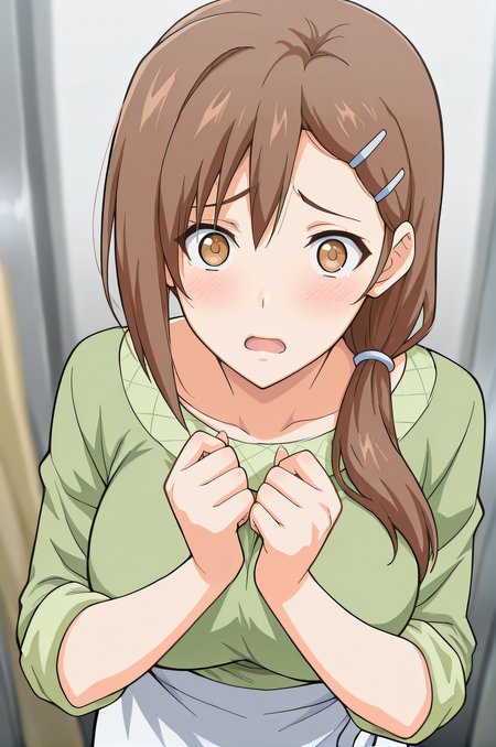 masterpiece, best quality, highres, newest, 1girl, solo, official style, <lora:IL_Hiura_Shiori:1>, shiori, brown hair, brown eyes, hairclip, hair over shoulder, low ponytail, large breasts, green shirt, rolled_up_sleeves, white skirt, looking at viewer, indoor, cowboy shot, sad expression, surprised, open mouth, hands up, blush