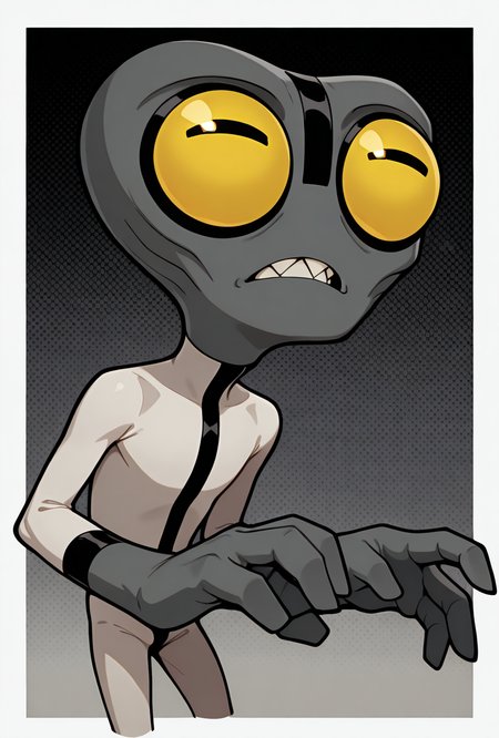 <lora:greymatter-09:1> greymatter, solo, 1boy, bodysuit, grey skin, , sharp teeth, big yellow eyes, big head, dynamic pose, small body, big hands,, masterpiece, best quality, amazing quality, very aesthetic, absurdres, newest,, upper body, halftone effect, white borders, abstract background:1.2,