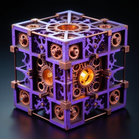 corroded cast iron termite hill cross_section menger cube,  topaz, Mandelbrot set, tesseract time machines, steel and copper wiring, dodecahedron, glowing purple gears,  spherical mechanism