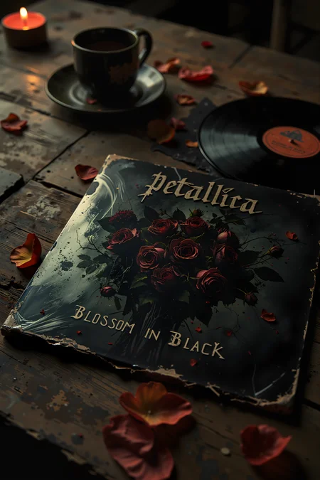 A vinyl record cover for the band Petallica rests on a weathered wooden table next to the record, its artwork featuring a dark, gothic bouquet of black roses illuminated by a single, eerie spotlight. The petals seem to drip with ink, blending into the deep, shadowy background, while thorny vines twist around the album title "Blossom in Black" in jagged, metallic lettering. The name Petallica is scrawled in bold, silver calligraphy at the top, mimicking the sharp edges of classic metal band logos. The wooden table beneath has scratches and rings from old coffee mugs, adding a sense of history and warmth to the scene. The dim lighting casts soft shadows over the record, giving it a moody, almost mystical atmosphere. A faint reflection of candlelight glimmers on the vinyl's shrink wrap, making it appear freshly unsealed. Nearby, a few stray petals and leaves rest on the wood, as if the albumâs energy has begun to take root in reality. , detailed background  Fantastic lighting. Detailed shadows.intricate details, vivid colors, hyper-detailed, ultra-sharp, , <lora:Luminous_Shadowscape-000016:0.4><lora:black_fantasy_1.0:0.4><lora:Glitchcore_Flux:0.4><lora:- Flux1 - vanta_black_V2.0:0.4>