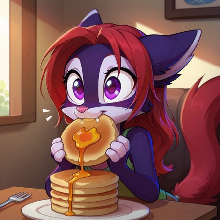 Dreamkeepers,Indi_and_Digo,1girl,solo,furry,tail,source_furry,,red hair,purple fur, purple eyes,masterpiece, 
kid, child, 
solo, indoors, pancakes, eating, fork, syrup, cute, long_hair, happy_expression, warm_lighting, delicious, fluffy_food, soft_focus, cozy, detailed_background