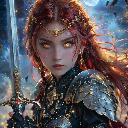 masterpiece,high resolution,8k,
 <lora:celestial_warriorXL:0.8>,celestialwarrior, overalldetail,facedetail,eye detail,
1girl, jewelry, long hair, solo, earrings,face focus,holding glowing sword,red hair,yellow eyes