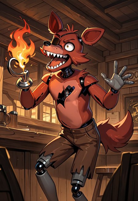 masterpiece, best quality, amazing quality, very aesthetic, absurdres, newest, detailed background, foreground blur, (( cartoon )),
foxy, animal ears, 1boy, solo, sharp teeth, eyepatch, pirate hook,  joints, animatronic, brown ripped shorts, , grey legs, thin legs,
dynamic pose, angry, hand on fire, waving hand, looking at hand, restaurant background,