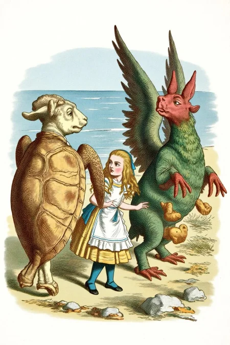 joten1 illustration.
A young girl, Alice in Wonderland, with long, curly blonde hair tied back with a blue ribbon, dressed in a white apron over a blue dress and white pinafore, and blue stockings. She is standing between a hippogriff and a giant turtle that has the head of a lamb. The background is a blue sea. <lora:joten1_cap_d6a3e12:1.0><lora:821758712956880194:0>