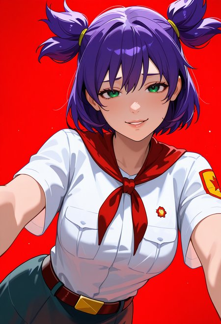 masterpiece,best quality,amazing quality,absurdres,
 <lora:un:1> unlblch, 1girl, purple hair, two sides up, short hair, green eyes, white shirt, short sleeves, skirt, red neckerchief, belt, looking at viewer, 
(painterly, painting \(medium\):1.2).   smug. leaning forward. dynamic pose. dutch angle. 1girl solo. portrait facing viewer. straight-on. reaching towards viewer. sharp fingernails. looking at viewer.  parted lips, lips. nose. red background, simple background. yandere.  horror \(theme\)