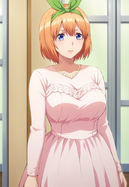 score_9, score_8, score_7, source_anime, wedding dress, yotsuba nakano, bangs, short hair, blue eyes, hair between eyes, hair ribbon, hairband, orange hair, green ribbon, mature female, 1girl, solo, 