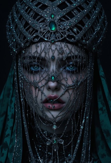 A enchantress materializes, her sad eyes are shattered emeralds. A tattered veil clings to her skin, casting an eerie silver glow. Chrome splinters crown her head, diamonds flashing like fireflies on a summer's night. A bejeweled latticework sprawls across her face, silver chains and diamonds glinting with manic light. Amidst this maelstrom, she remains serene, her gaze a cold, dark mirror reflecting the viewer's soul. A siren's call, beckoning deeper into the madness, her presence a whispered secret in the velvet darkness.