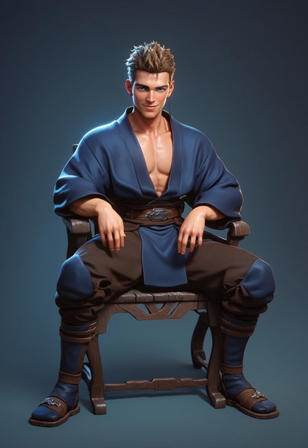 score_9,score_8_up,score_7_up,score_6_up, 1boy, boy,(handsome, cute) solo, blue eyes, blond hair, sitting on sci-fi chair, smug, very short hair,(muscular body:0.9)), Sci-fi Environments, Sci-fi chair, jedi robe, 1boy, male focus, full body, jedi robe, belt, brown clothes, robe, coat, 