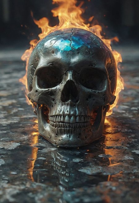 Skull made with crystalline carapace, iridescence color, fine reflection, water on the floor, reflections, intricate complexity details, 
Wide range of colors., fire and ice, Dramatic,Dynamic,Cinematic,Sharp details
Insane quality. Insane resolution. Insane details. Masterpiece. 32k resolution.