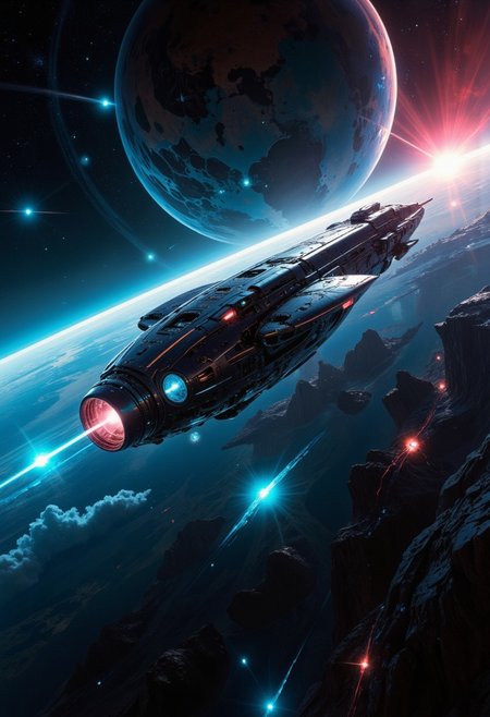 A solitary, colossal (advanced spaceship:1.2), its bright long hull , flying rapidly through a vast, cosmic void. The spaceship, a marvel of advanced technology, is bathed in the ethereal glow of distant nebulae. Its surface shimmers with energy particles, reflecting the celestial bodies that surround it. The ship's silhouette, illuminated by the cold, blue light of its engines, is a stark contrast against the inky blackness of space. The scene is both awe-inspiring and unsettling, a testament to the vastness of the universe and the fragility of human existence. The painting should be rendered in a hyperrealistic style, with a focus on intricate details and dramatic lighting. A predominantly fluorescent cyan and neon red color palette should be used to create a cyberpunk aesthetic. best quality,masterpiece, (close-up),viewed diagonally from the front,(low angle:1.2),highly visible,godrays,bright lit,zoomed,dynamic composition,award-winning,hdr,in motion,motion lines, motion blur, 
, UHD, lots of fine detail,award-winning,hdr, high resolution,hard scifi,technology,Robert McCall,John Berkey,Chris Moore