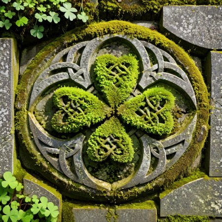 ancient stone carving, (Celtic knot of four-leaf clovers:1.3), weathered texture, overgrown with moss and lichen, dappled sunlight, mystical atmosphere, (Celtic symbols:1.1)
