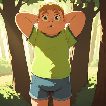 score_9, score_8, score_7, source style, break, solo, Clrnce, 1boy, brown hair, short hair, buck teeth, shirt, shorts, plump, hands behind head, looking at  viewer, tree, sunlight, shadows, natural lighting