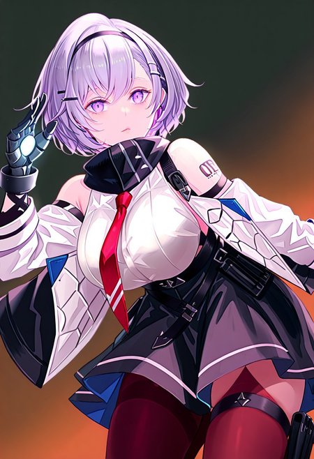 score_9, score_8_up, score_7_up, score_6_up, score_5_up, score_4_up, source_anime, solo, 1girl, 
reno,grey hair,purple eyes,hairband,hairclip,hair ornament,, r_clothes,red tie,bare shoulders,detached sleeves,black skirt,thigh strap,skindentation, 
masterpiece, best quality, very aesthetic, absurdres,