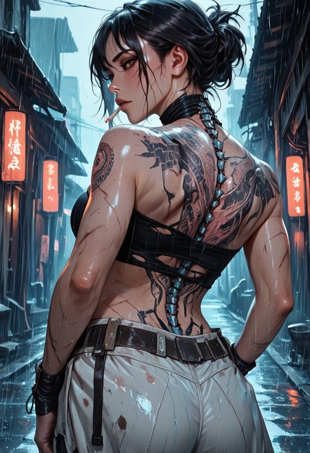 highres, very detailed, amazing quality, masterpiece,
very aesthetic,
particle effect, Cinematic, 
1girl, solo, toned, toned body, scars, slashed clothing, ripped clothing, holes in pants, Black hair, hair up, beautiful, exposed shoulders, exposed back, bionic spine, smoking, cigarette, strong face, angled face, brown eyes, female yakuza, cybernetic katana, bandage top, tube top, large breasts, looking at viewer, intense glint in eye, beautiful eyes, 
Back tattoo, Dragon back tattoo, 
hands in pockets, baggy pants, ancient pants, 
Raining, ancient Japanese street, 
Close up, cowboy shot, 
From behind, View from behind,