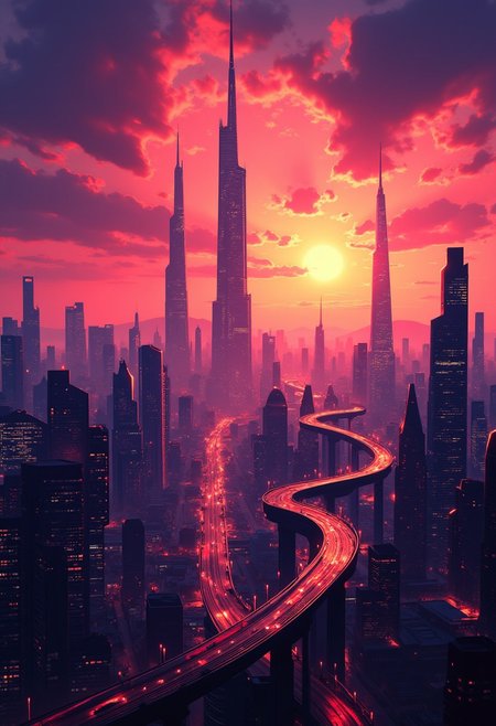 Inkpunk Anime, inkwash image of futuristic sci-fi city, with towers and skyscrapers, superhighways, silhouetted at sunset, stormy sky
