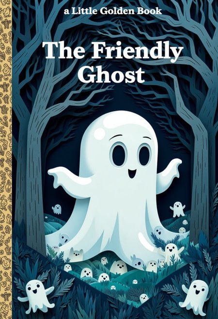 Paper quilling, The front cover of a book in the "a Little Golden Book" series titled "The Friendly Ghost",  "a Little Golden Book" written just above the main title,  layered paper scene of a cute chibi ghost with huge eyes flyling through a dark forrest, The left side of the cover is adorned with a golden decorative border with little ghosts