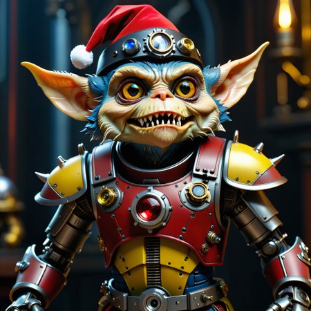 masterpiece, intricate photo of chritmas mechanical robot gremlin in knight armor with santa claus cap, vampire clothing, cyberpunk style, steampunk style, gothic art, yellow red blue black dress, hyper realistic, highly detailed, sharp focus, best quality, 8K